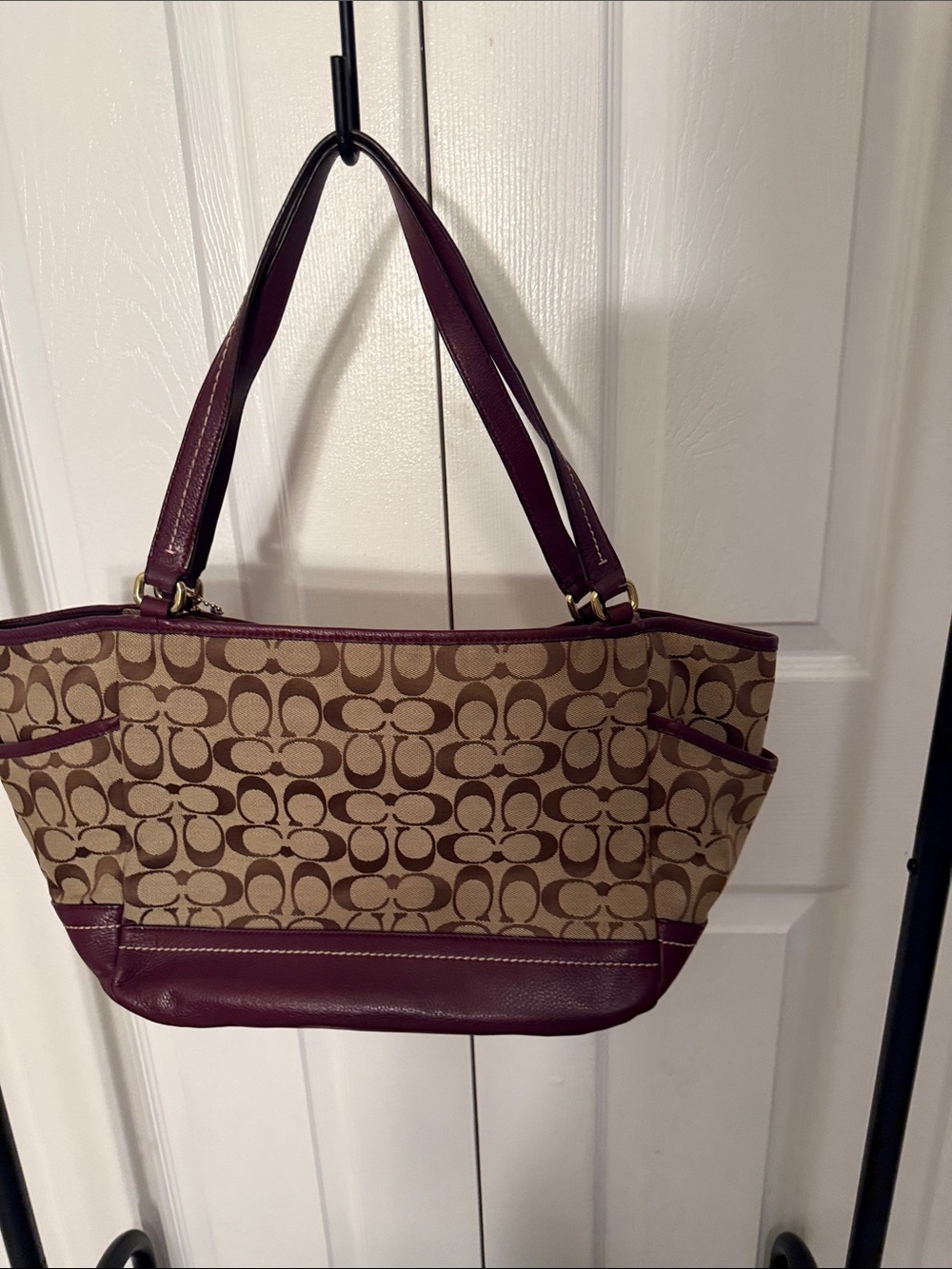 Coach Canvas Tote with Burgundy Leather Trim